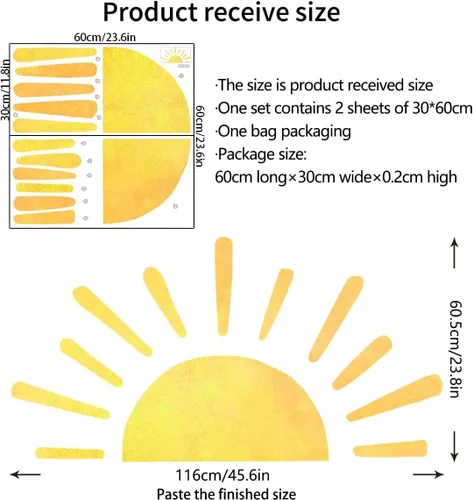 Miniatura 6 de 45.6 x 23.8 pulgadas, diseño bohemio de medio sol, calcomanías de pared removibles para pared, vinilo para despegar y pegar, calcomanías de medio