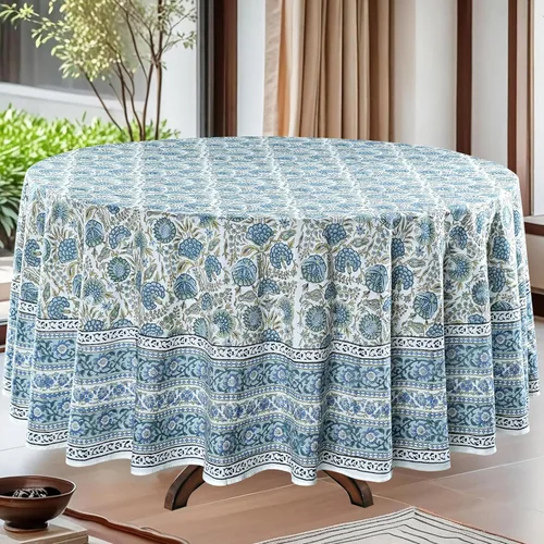 Ridhi Mantel redondo de algodón reutilizable con estampado de bloque a mano, color verde espárragos, 60 pulgadas, mantel decorativo para uso diario