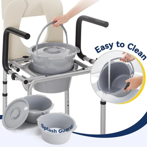 Miniatura 6 de Asiento sanitario junto a la cama con brazo desplegable, inodoro con asiento acolchado y respaldo, capacidad de 400 libras, cubo removible de 6.3QT