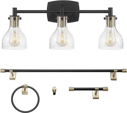 GLOBE Electric 63000062 - Juego de baño todo en uno de 5 piezas, negro mate y latón, luz de tocador de 3 luces, vidrio sembrado, toallero, soporte