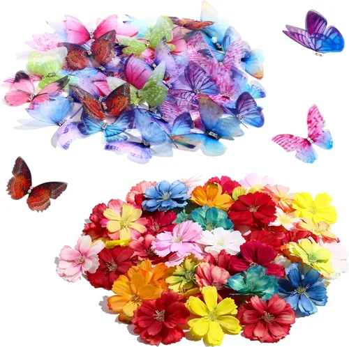 Canlierr Juego de 100 mariposas de organza con cabeza floral sintética para manualidades, 50 cintas pequeñas 3D, 50 mini flores de imitación