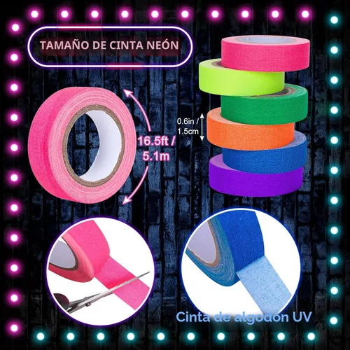 Miniatura 2 de Whaline Cinta de tela Gaffer de neón de 6 colores, cinta fluorescente de luz negra UV para fiestas UV (0.6 pulgadas x 16.5 pies)