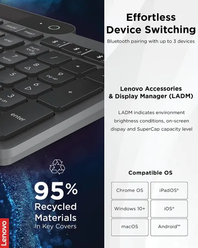 Miniatura 4 de Lenovo 800 Teclado Bluetooth Autocargable, Utiliza Luz Ambiental para la Carga, Bluetooth 5.1, Soporta 3 Dispositivos, Sin Batería, Inalámbrico, Gris