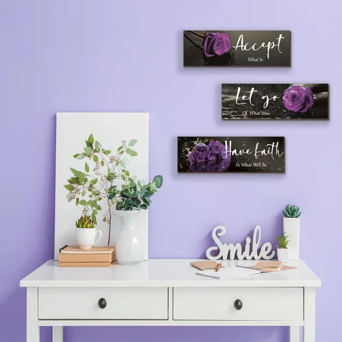Miniatura 4 de ZINYAZHE 3 piezas de decoración de pared morada, decoración de baño morada, decoración de pared de rosa de madera con citas de aceptar dejar ir Rosa