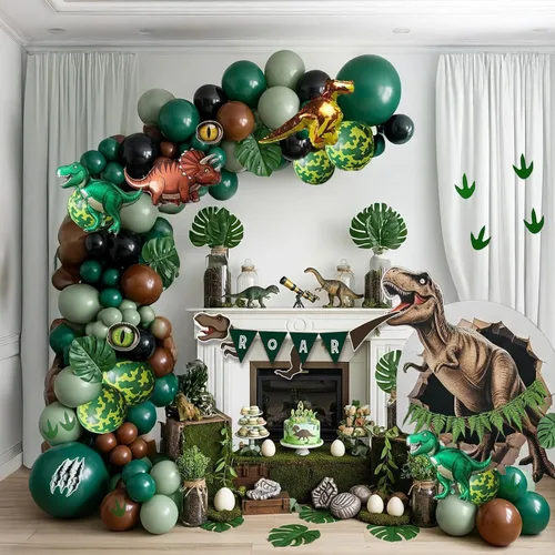Miniatura 2 de Decoraciones de Fiesta de Cumpleaños de Dinosaurio kit de arco de globos verde cazador negro marrón con mini globos de papel de aluminio de dino