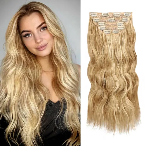 Miniatura 30 de WECAN Extensión de cabello con clip, de 20 pulgadas, mezcla de rubio ceniza y rubio decolorado, 6 piezas, extensiones de cabello largo ondulado