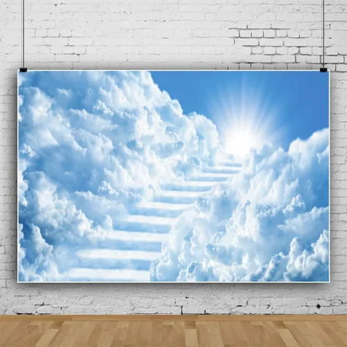 Miniatura 3 de Telones de fondo de cielo de 5 x 3 pies para fotografía, escalera al cielo, puerta del paraíso, luz del sol, cielo nubes, fondo, baby shower