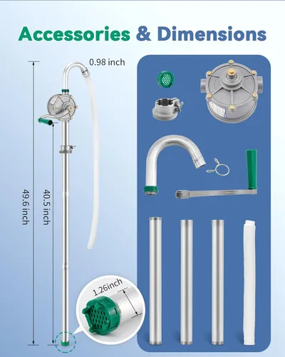 Miniatura 7 de Poafamx Bomba de tambor de aluminio de 5-55 galones, bomba rotativa manual de transferencia de aceite de 8 GPM, de 50 pulgadas para barril