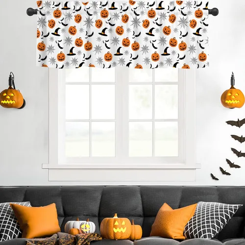 Miniatura 5 de Cenefas de Halloween para ventanas, cortina de calabaza con sombrero de bruja, cortinas cortas con bolsillo para barra, cortinas de cenefa