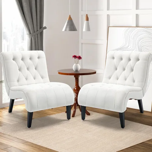 Miniatura 9 de AVAWING Juego de 2 sillas decorativas sin brazos, sillas tapizadas con botones copetudos para sala de estar con patas de madera, cómoda silla