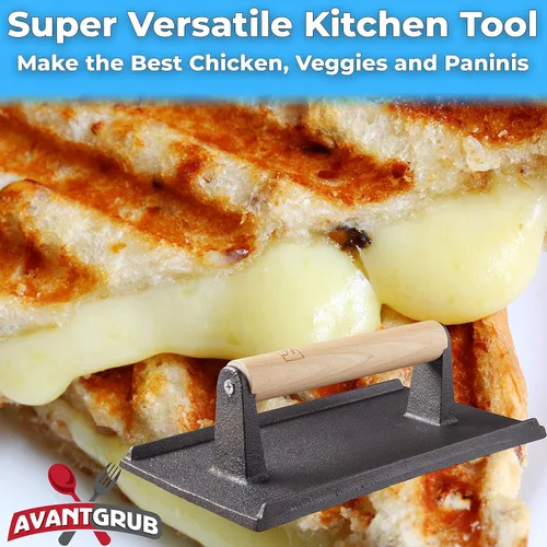 Miniatura 7 de Grado profesional, parrilla de hierro fundido pre-sazonado, peso 1 paquete. Prensa de carne y hamburguesa resistente con mango de madera