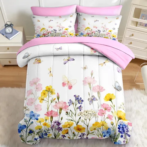 Miniatura 9 de Nesker Juego de edredón de primavera de 5 piezas, tamaño individual, juego de ropa de cama floral con mariposas para niños y adultos, juego