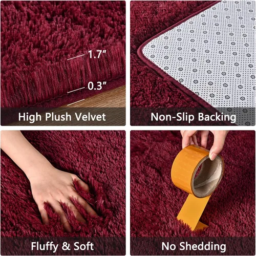 Miniatura 4 de Alfombras suaves color vino tinto para dormitorio, de 2 x 6 pies, alfombra mullida y esponjosa para al lado de la cama, alfombras de pelo peludo A