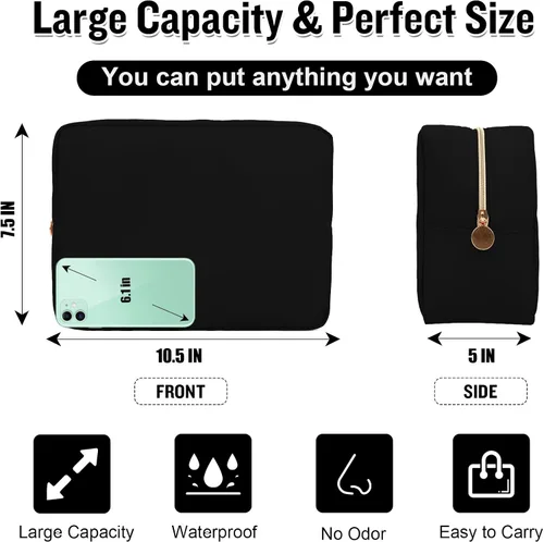 Miniatura 2 de Bolsa de maquillaje grande de nailon para viaje para mujeres, bolsa de cosméticos con cremallera negra grande preppy linda, bolsa de chenilla