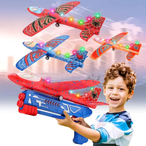 Miniatura 9 de Fuwidvia Paquete de 4 juguetes lanzadores de aviones, juguete de avión de espuma LED con 2 modos de vuelo para niños, juguetes voladores al aire
