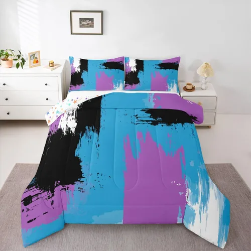 Feelyou Edredón Abstracto Juego de edredón de arte abstracto moderno para niños y niñas, color morado, azul, negro, juego de ropa de cama para Multi