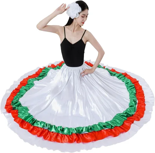 Miniatura 8 de Falda larga de baile para adultos, color negro, rojo, verde, falda folklórica para disfraz de Halloween flamenco mexicano