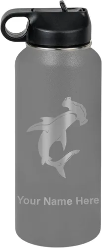 Miniatura 48 de LaserGram Botella de agua personalizada, tiburón martillo, acero inoxidable de doble pared aislada al vacío con popote superior, regalo grabado