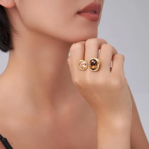 Miniatura 2 de Anillo de cóctel abierto con circonita cúbica, piedras preciosas de cristal chapado en oro antiguo, banda abierta ajustable, joyería vintage