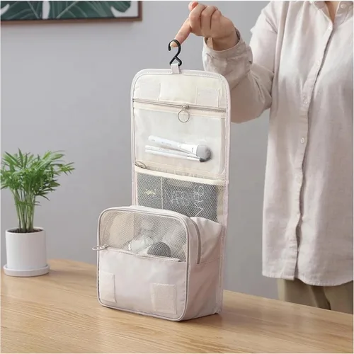 Miniatura 8 de Neceser de viaje – Pequeño organizador colgante de baño y cosméticos para hombres y mujeres – Bolsa de viaje para artículos de tocador, Beige
