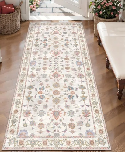 Miniatura 120 de Tangsoo Alfombra lavable para pasillo, antideslizante, 2 x 6 pies, estilo bohemio, floral, vintage, para entrada, suelo suave, para cocina, baño