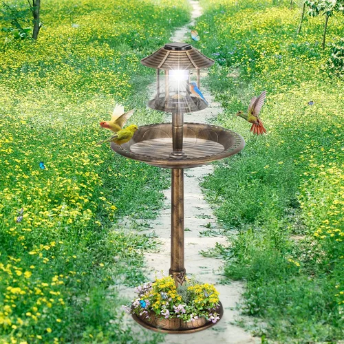 Miniatura 7 de Outvita baño para pájaros al aire libre, decoraciones de baños de pájaros de jardín con lámpara solar y base de maceta de flores de resina