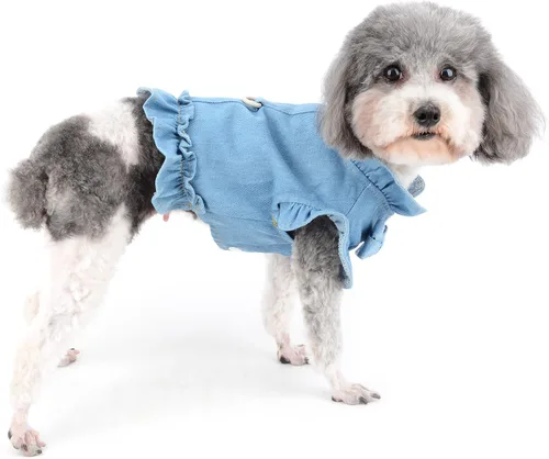 Miniatura 2 de Arnés para perro pequeño, vestido para niña, chaleco para mascotas, camisa de mezclilla para cachorro, gato, traje de verano con volantes, azul claro