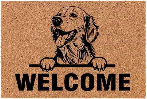Felpudo de bienvenida, fibra de coco para puerta, regalo de bienvenida y peeking Golden Retriever (30 x 18 pulgadas)