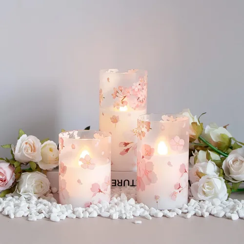 Miniatura 3 de Velas de cristal sin flama parpadeantes con control remoto y temporizador, flores de cerezo LED, cera real operadas por batería, juego de 3 velas