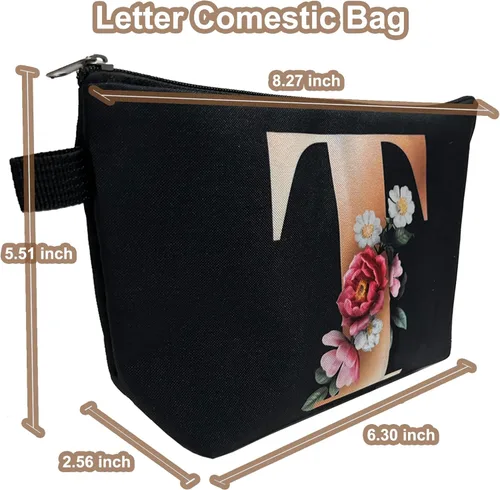 Miniatura 4 de CTNUOBEE Bolsa de comestic con letras del alfabeto dorado con bolsa de maquillaje de flores, bolsa de viaje portátil con cremallera, bolsa de aseo