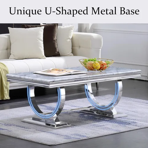 Miniatura 4 de Mesa de centro moderna, mesas de centro con pedestal de base en U plateadas para sala de estar, mesa de centro rectangular de 48 pulgadas en gris