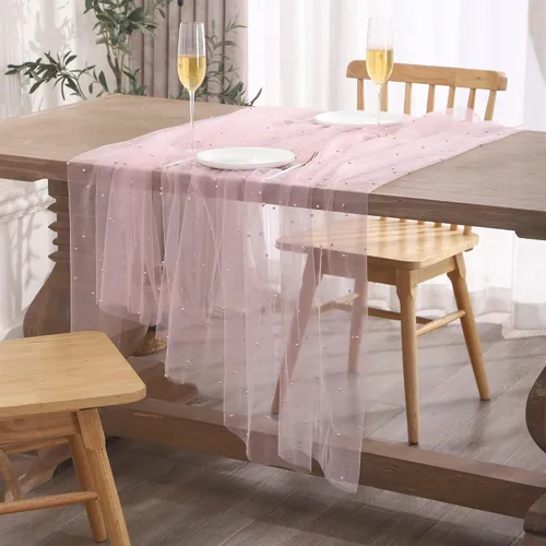 Miniatura 5 de Mantel de encaje rosa con perla de 55 x 55 pulgadas, funda de mesa de tela de tul transparente para decoración de arco de boda, cumpleaños, fiesta