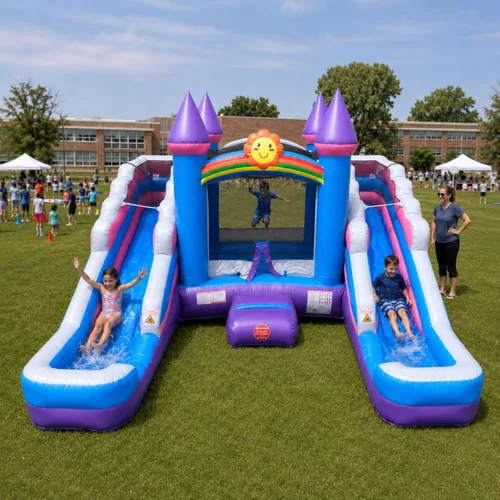 Casa de Rebote Inflable y Combo de Doble Tobogán (Sin Soplador) - 16' de Largo x 15' de Ancho Combo de Castillo Rosa y Morado con Conexión, Juguetes