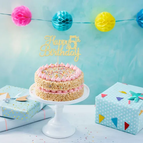 Miniatura 7 de Gyufise 1 unidad Decoración de pastel de feliz 5 cumpleaños con purpurina, adorno de pastel de feliz 5 cumpleaños, felicitaciones a los 5 años