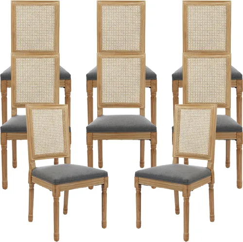 Miniatura 45 de Juego de 2 sillas de comedor de campo francés, sillas de comedor de madera de granja beige, silla de comedor con respaldo tejido con cojín tapizado