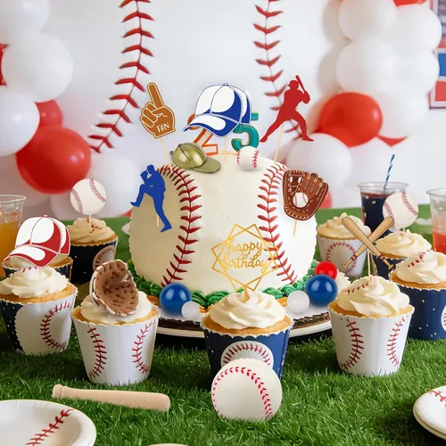 Miniatura 8 de Hooqict Juego de 26 decoraciones de pastel de béisbol con mini bolas, jugador, gorras, guantes, murciélagos, adornos de pastel de cumpleaños