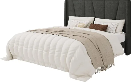 Miniatura 8 de SHA CERLIN Base de cama tamaño Queen con cabecera geométrica con respaldo de ala, plataforma tapizada con soporte de listones de madera, espacio Gris