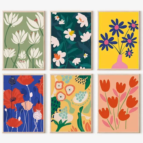 cupmod Paquete de 6 pinturas por números para niños y adultos, kits de pintura acrílica sobre lienzo sin marco, pintura al óleo de flores simples