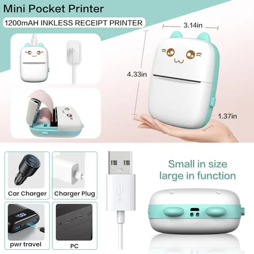 Miniatura 4 de Mini impresora portátil, impresora de pegatinas sin tinta con 8 rollos de papel, mini impresora térmica inalámbrica Bluetooth compatible con iOS +