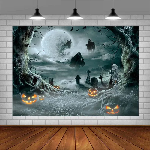 Miniatura 5 de AIBIIN Telón de fondo de fotos de Halloween de 7 x 5 pies, luna, noche, bruja negra, telón de fondo de Halloween para fotografía de otoño, linterna