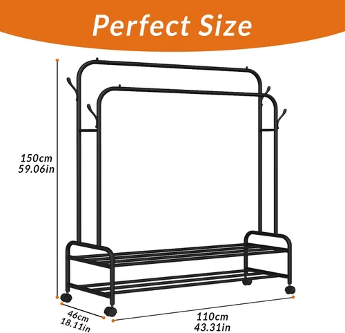 Miniatura 5 de Perchero resistente, perchero y perchero con ruedas, perchero independiente de doble barra para colgar ropa con estante de 2 niveles y organizador