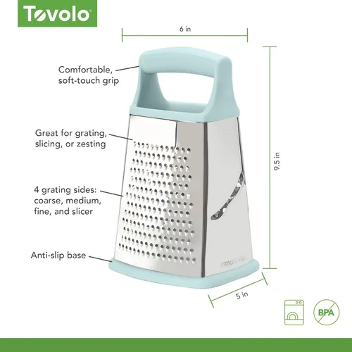 Miniatura 5 de Tovolo Rallador de quesos grande de acero inoxidable de 4 caras para triturar verduras y rallar, fácil de limpiar, apto para lavavajillas, con mango