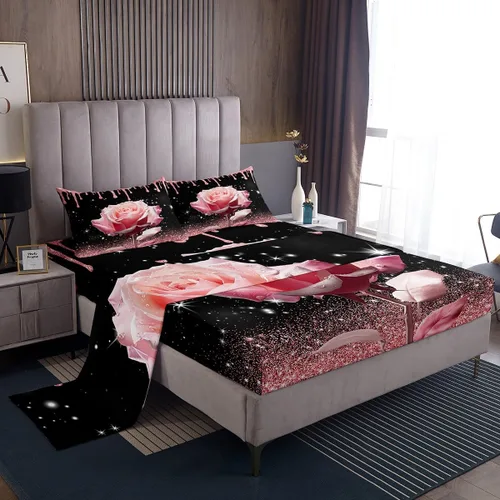 Miniatura 3 de Manfei Juego de sábanas de rosas rosas 3D tamaño individual, juego de ropa de cama brillante con purpurina rosa para decoración de habitación