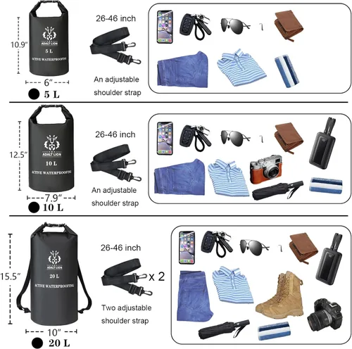 Miniatura 4 de Bolsa seca impermeable 5L/10L/20L - Mochila impermeable enrollable para kayak con doble cierre de cremallera y correa de hombro ajustable, Negro, 5