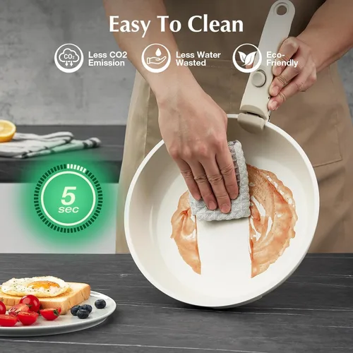 Miniatura 5 de Juego de utensilios de cocina de cerámica antiadherente blanca, juego de 5 piezas con asas desmontables, perfecto para cocinar todos los días