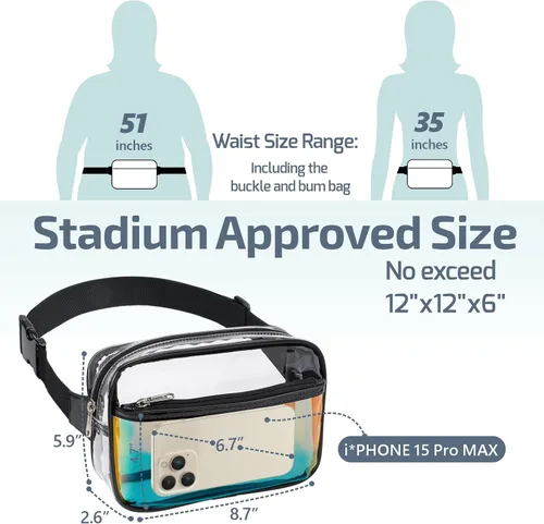 Miniatura 5 de Veckle Riñonera transparente aprobada para estadios, bolsa transparente para eventos en estadios, bolsa grande transparente para mujer, bolsa