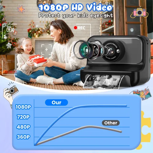 Miniatura 3 de Impresión instantánea de cámara para niños, regalos de cumpleaños de Navidad para niñas y niños, cámara digital de video HD 1080P, juguete para Negro