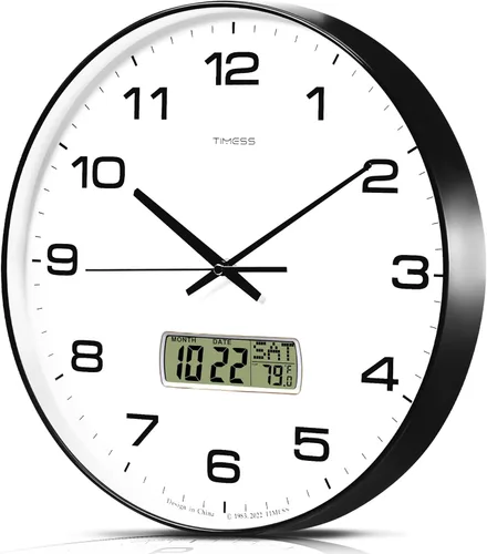 Miniatura 13 de Reloj de pared TIMESS, esfera de 10" sin tictac, silencioso, funciona con pilas, analógico con pantalla LCD para calendario perpetuo y temperatura