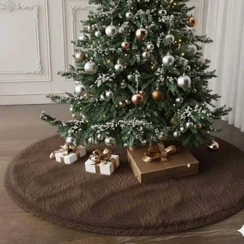 Miniatura 18 de Faldones de Felpa para Árbol de Navidad, 24 pulgadas, Lujosa Cubierta de Base de Árbol de Navidad de Piel Sintética Negra con Copos de Nieve Dorados