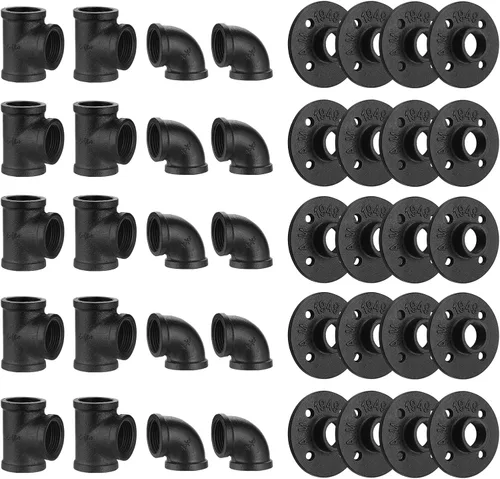 Miniatura 8 de Accesorios de tubería negros de 3/4", Home TZH - Juego de 30 unidades de brida de piso/codo/camiseta para estilo vintage industrial